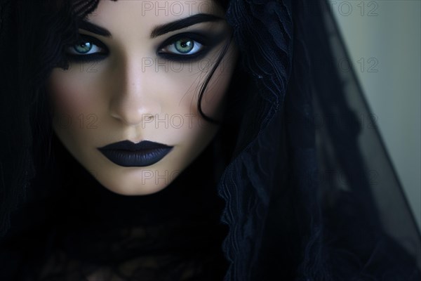 Face of gothic bride with dark makeup and black veil. KI generiert, generiert AI generated