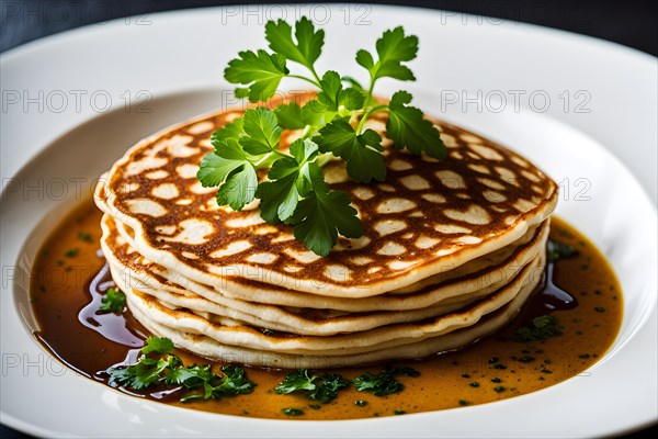 Clear broth wrapped in sinuous strips of tender pancakes with fresh parsley, KI generated