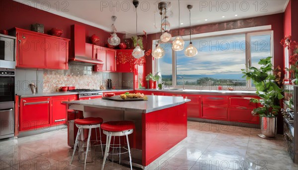 KI generated, A new red fitted kitchen has just been installed