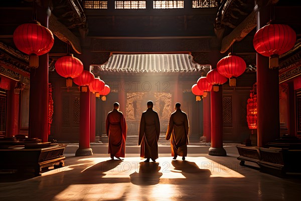 Shaolin temple interior with red lanterns, AI generated