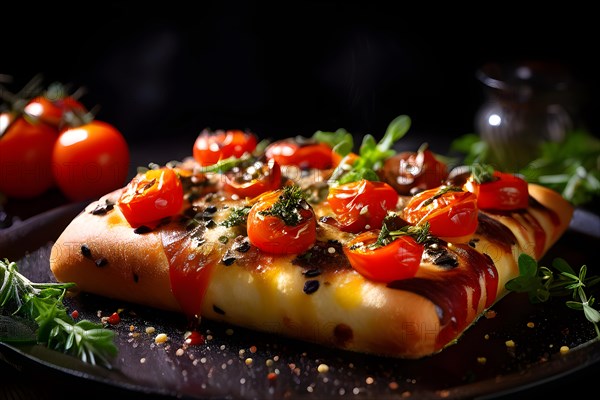 Focaccia barese steaming adorned with vibrant cherry tomatoes, AI generated