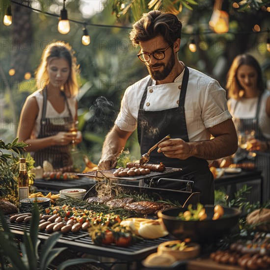 Barbecue party, guests with glasses in their hands stand around a chef who is grilling sausages and steaks, AI generated