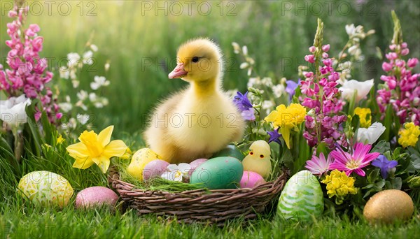 Ai generated, An Easter basket with coloured eggs in a meadow with colourful flowers, in the basket a gosling, symbolic image Easter, animal children