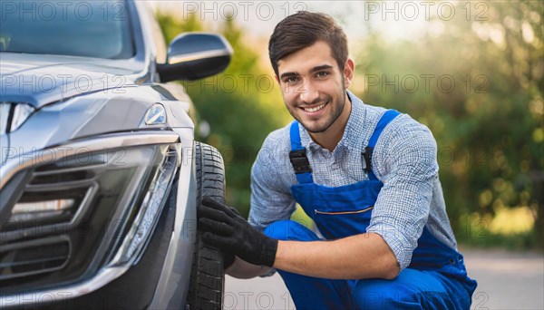 AI generated, A mechanic changes the tyres on a customer's car, tyre fitting, silver car