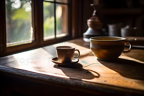 Rustic wooden table adorned with the history of ring marks from coffee cups and scratches, AI generated