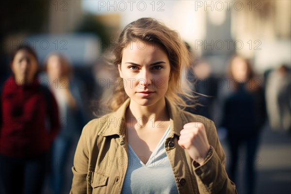Feminist young woman with raised fist in street with blurry women in background. KI generiert, generiert AI generated