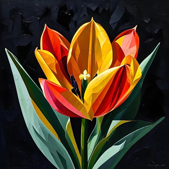 Abstract tulip illustration bold geometric shape, AI generated