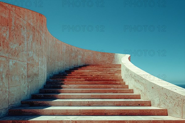 Curved concrete wall and stairway under a clear sky with warm color tones, AI generated