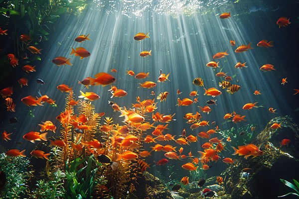 Sunrays filter through water onto a tranquil scene with orange fish and aquatic plants, AI generated