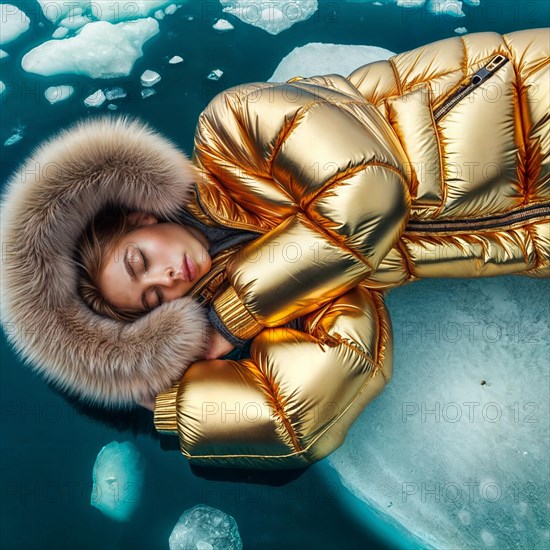 Woman in yellow golden puffer jacket lies on a block of ice alone in the middle of the ocean sea. Environmental issue, climate change agenda, AI generated