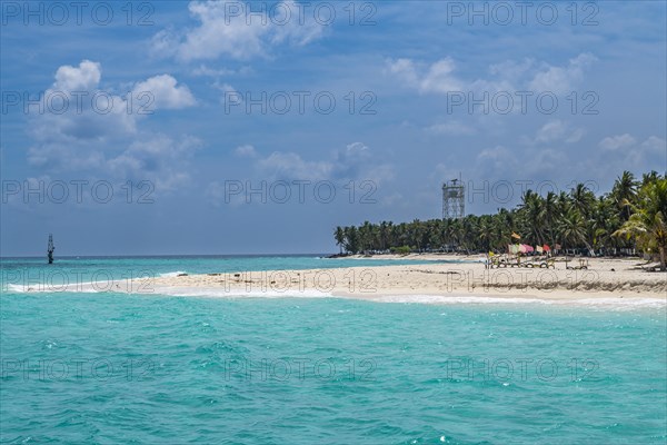 Palm fringed white sand beach, Agatti Island, Lakshadweep archipelago, Union territory of India