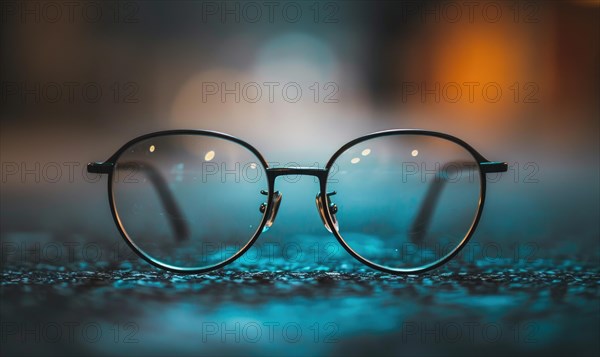 Wet surface reflecting city lights with round frame eyeglasses in the foreground AI generated