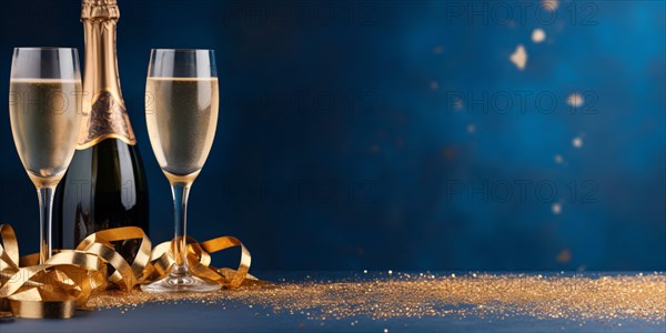 Banner with champagne glasses and bottle and goldne confetti and paper streamers on blue background with copy space. KI generiert, generiert AI generated