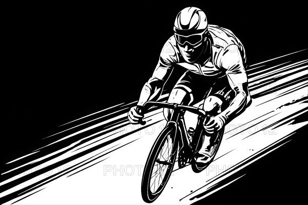 Line art black and white cyclist in velodrome, AI generated