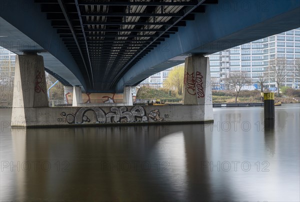 Long exposure, Nordhafenbruecke from below, Nordhafen, Berlin, Germany, Europe