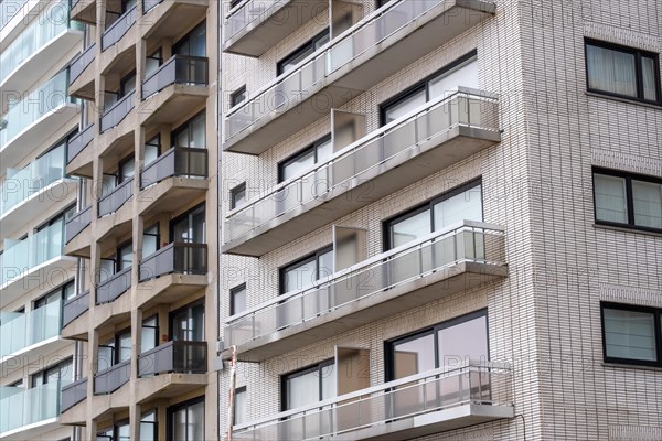 A section of a residential building with many balconies and a brick facade, Blankenberge, Flanders, Belgium, Europe