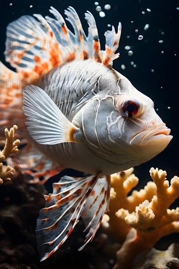 Bleached coral and resilient fish swimming close up symbolizing hope against devastation, AI generated