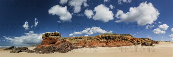 Algarve beach, wide, red rock, rocky coast, nobody, panorama, clear, blue sky, cloud, summer holiday, beach holiday, sea, ocean, Atlantic, Atlantic Ocean, sandy beach, coast, Atlantic coast, national park, geography, climate, travel, neutral, empty, sun, nature, natural landscape, beach landscape, surfer beach, Aljezur, Carrapateira, Sagres, Portugal, Europe