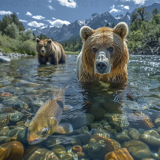 A brown bear hunts salmon in shallow clear water, AI generated