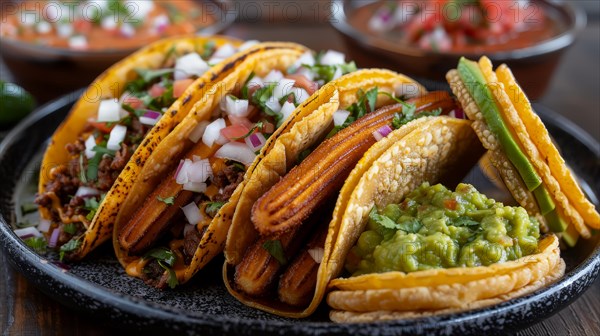 Crispy tacos with plantains and a side of guacamole and salsa on a dark plate, ai generated, AI generated