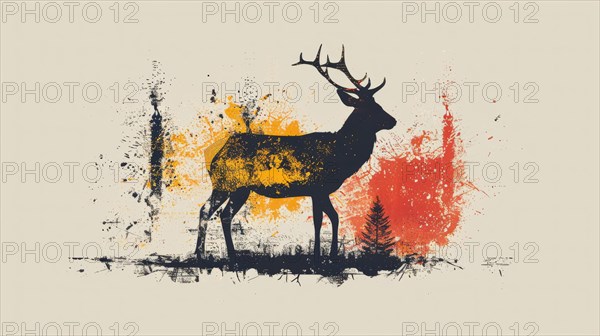 Deer silhouette against a washed-out backdrop with yellow and red splatters, ai generated, AI generated