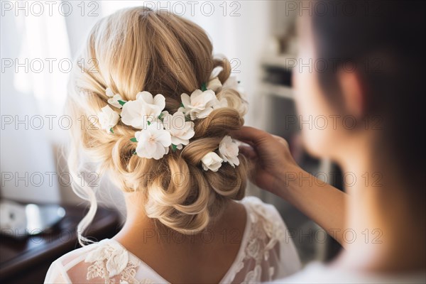 Hairdresser styling bridal hair with flowers. KI generiert, generiert AI generated