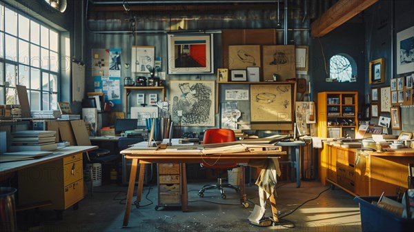 A cozy cluttered art studio with sunlight spilling over the workspace, AI generated