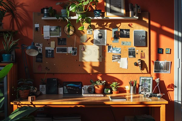 Bright and sunny creative home office space with plants and wall decor, AI generated