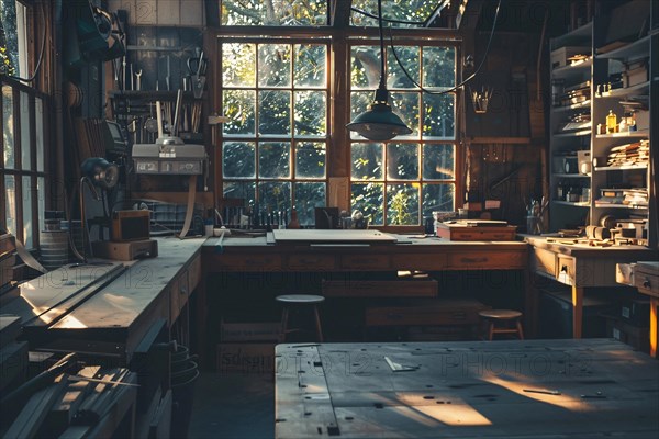 Vintage woodworking space with an assortment of tools and clutter, illuminated by natural light from windows, AI generated