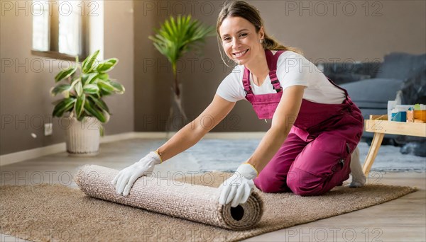 AI generated, Your woman is laying a new carpet in the living room