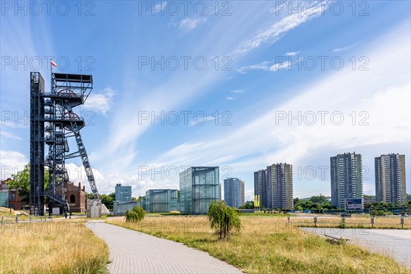 View of tower shaft Warszawa II and Silesian museum, Katowice, Poland, Europe