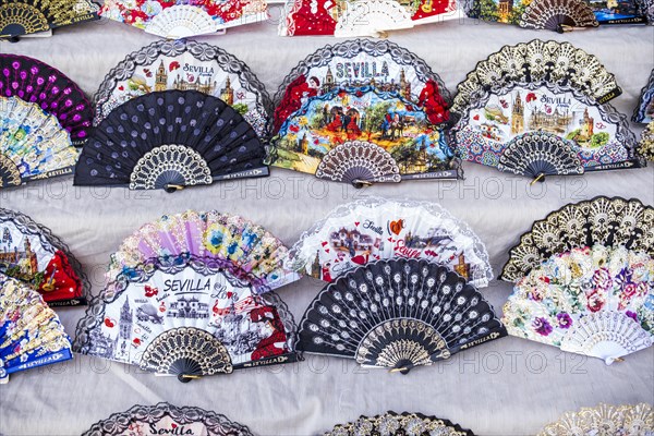 Beautiful, colorful flamenco fans in Seville, Andalusia, Spain, Europe