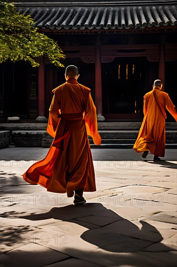 Monks clad in vibrant orange robes engaging in kung fu, AI generated