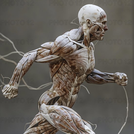 Detailed model of a walking movement with visible muscle anatomy and integrated branches, AI generated, AI generated, AI generated