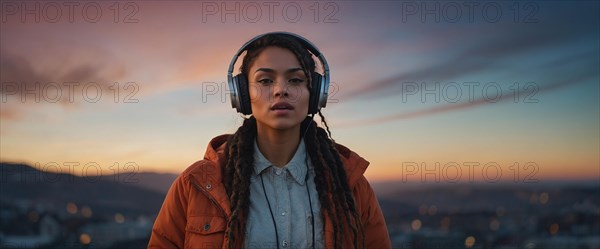 Reflective Mixed-race brunette woman in an orange jacket with headphones at twilight with city panorama, bokeh blurred background, horizontal aspect ratio, AI generated