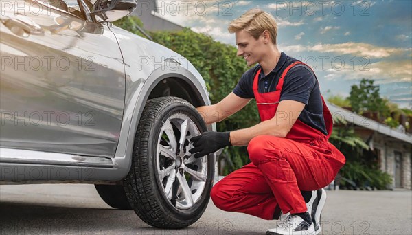 AI generated, A mechanic changes the tyres on a customer's car, tyre fitting, silver car