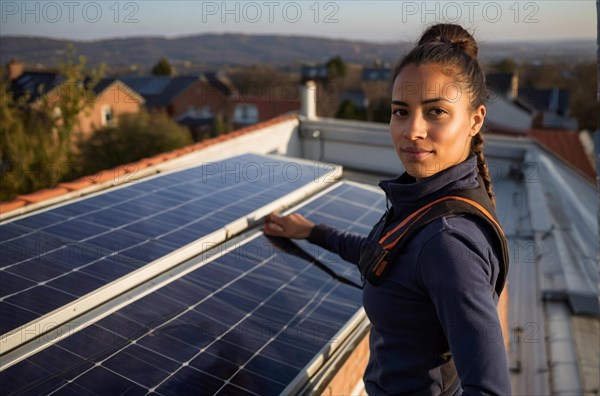 Determined worker in safety gear working with solar panels on a residential building, AI generated