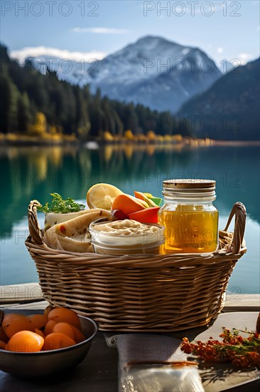 Woven basket filled with glass jars homemade hummus carrot sticks, AI generated