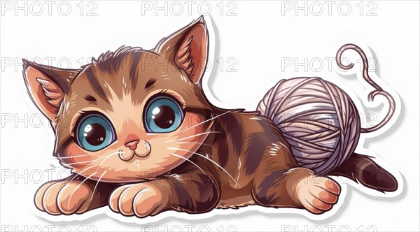 A brown kitten cartoon sticker with a large yarn ball, ai generated, AI generated
