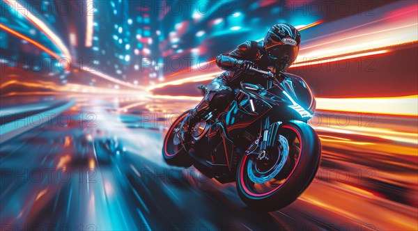 Dynamic image of a biker speeding on a motorcycle through a neon-infused cityscape at night, ai generated, AI generated