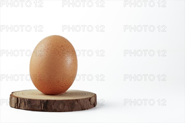 Fresh chicken egg on a wooden disk isolated on a white background