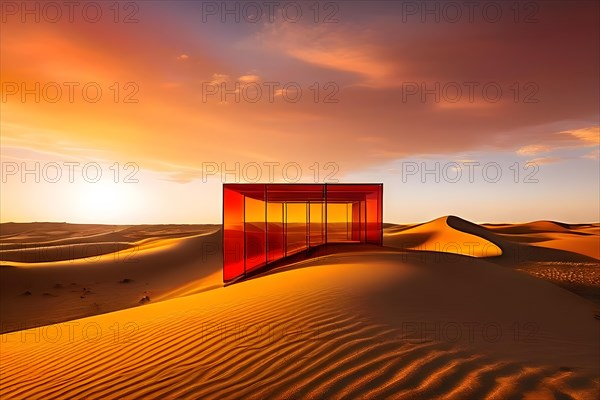 Architectural minimalism capturing intersecting yellow and orange glass walls build in sand dunes, AI generated