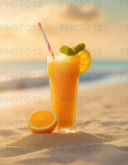 Fresh orange juice cocktail in the sand on a tropical beach resort. Summer relax background. AI generated art