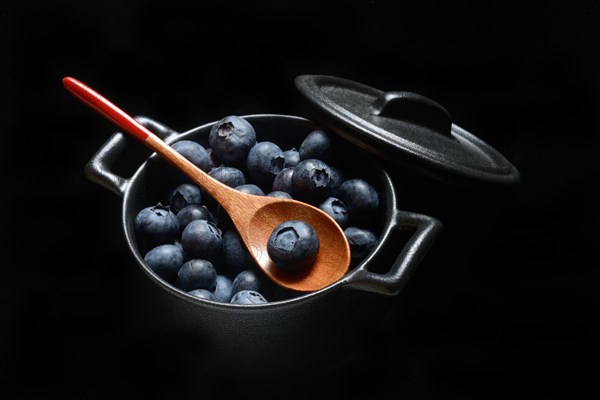 Blueberries with spoon in pots, cultivated blueberry, Vaccinium