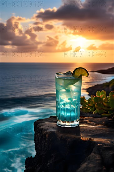 Icy blue curacao cocktail in a tall-glass perched on a cliff side bar, AI generated