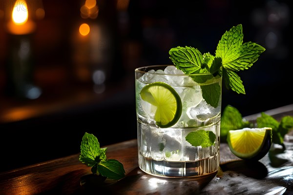 Mojito glass condensation beads shimmering fresh mint leaves garnishing placed on rustic bar, AI generated