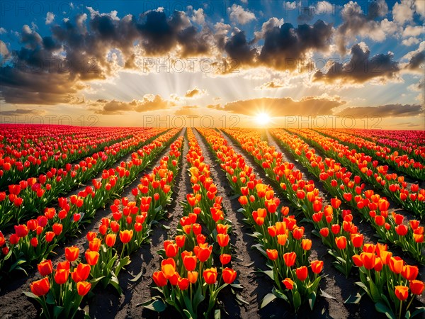 Endless field of multicolored tulips, AI generated