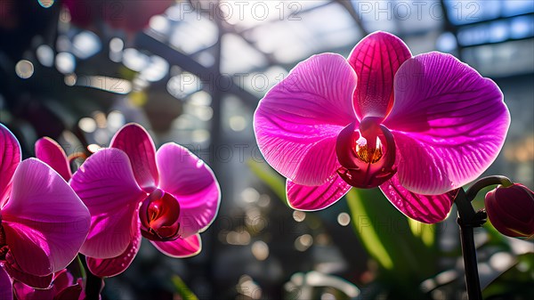 Orchid garden flourishing inside a greenhouse, AI generated