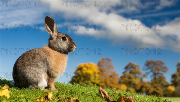 KI generated, A colourful dwarf rabbit in a meadow in autumn, side view, (Brachylagus idahoensis)