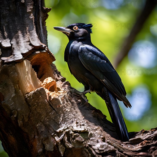 Black woodpecker in mid action pecking a birch tree, AI generated